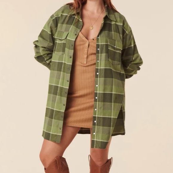 NWT Spell Wyatt Flannel Shirt Dress in Khaki size XS Green Plaid Longsleeve - Picture 1 of 8
